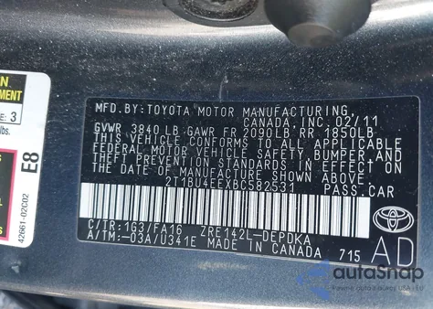 2011 Toyota Corolla L/Le/S from USA, damaged, VIN 2T1BU4EEXBC582531